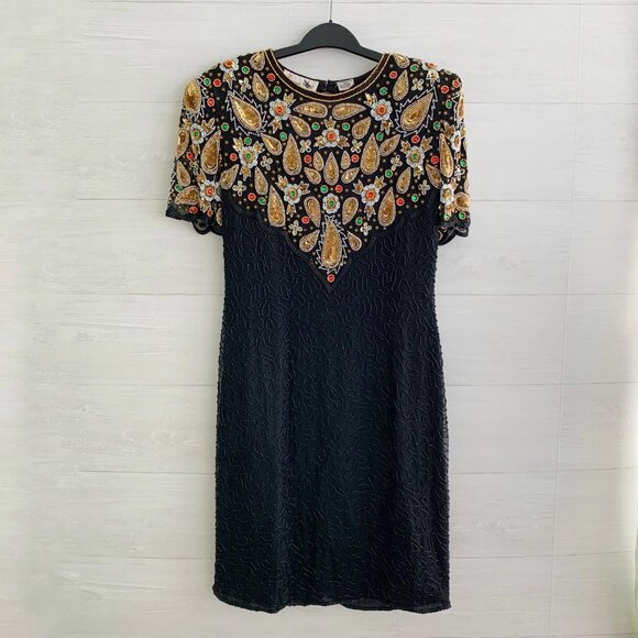 NWT Vintage Laurence Kazar - Black beaded silk open back sheath dress L